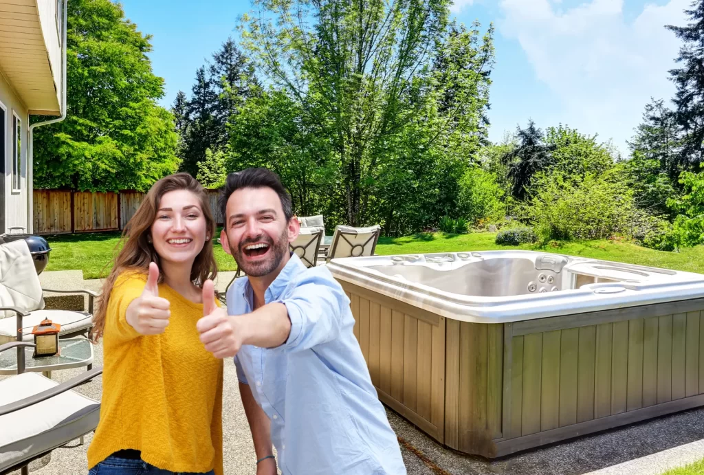 Happy property owners hot tub purchase